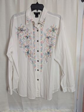 Carole Little White Button-Down Shirt with Multicolor Floral Embroidery